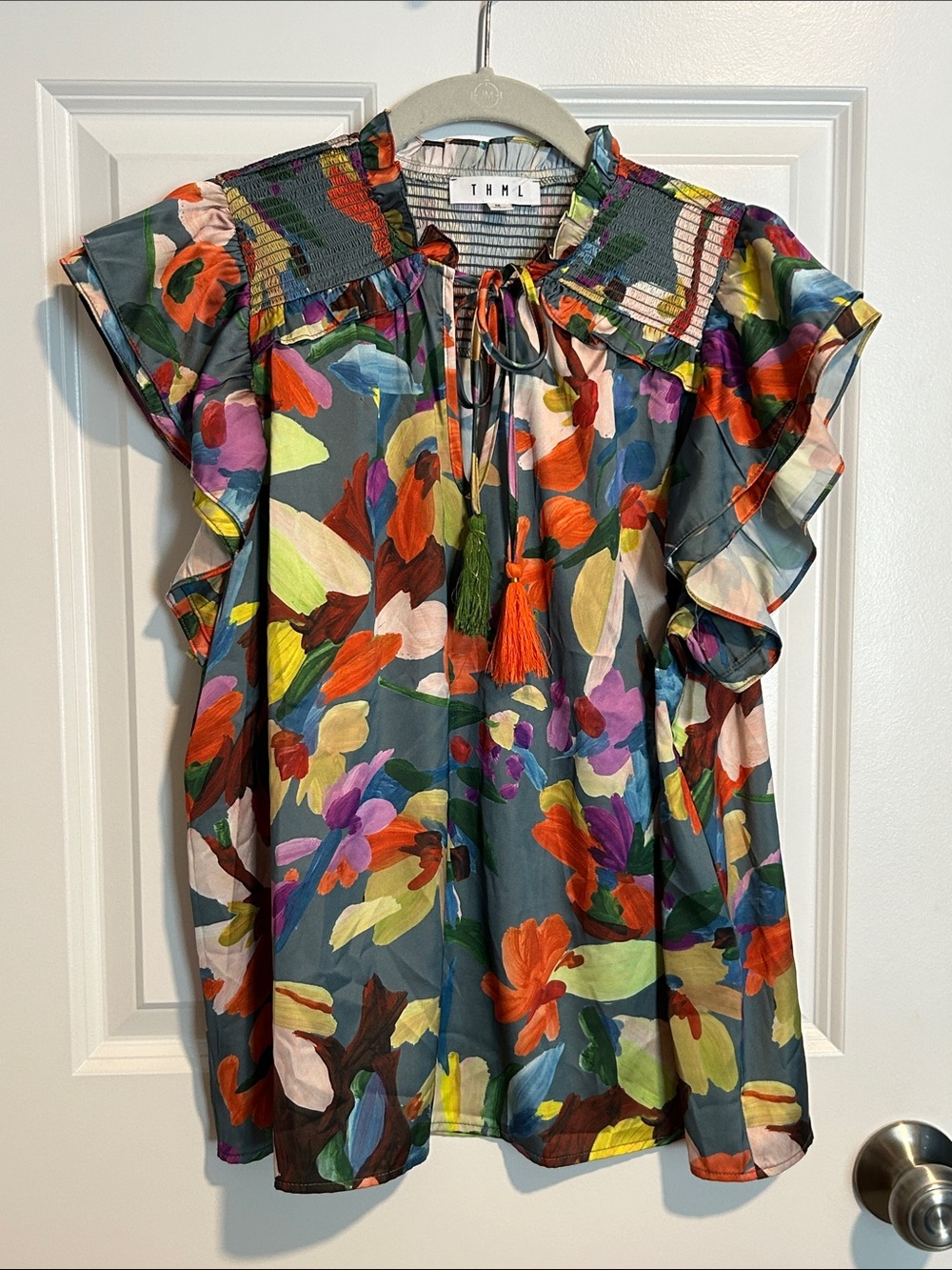 THML Multicolor Floral Blouse with Ruffle Sleeves Women's Size Medium
